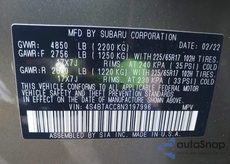 2022 Subaru Outback Premium from USA, damaged, VIN 4S4BTACC8N3197996